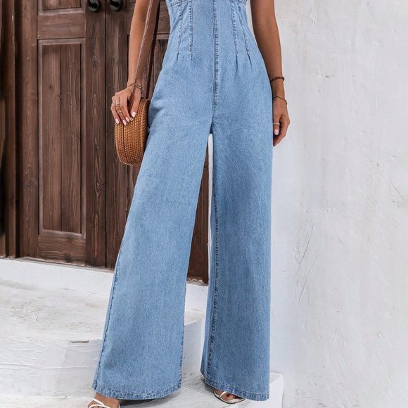 Light Wash Casual Womens Zip Back Wide Leg Denim Cami Jumpsuit - Picture 2 of 5